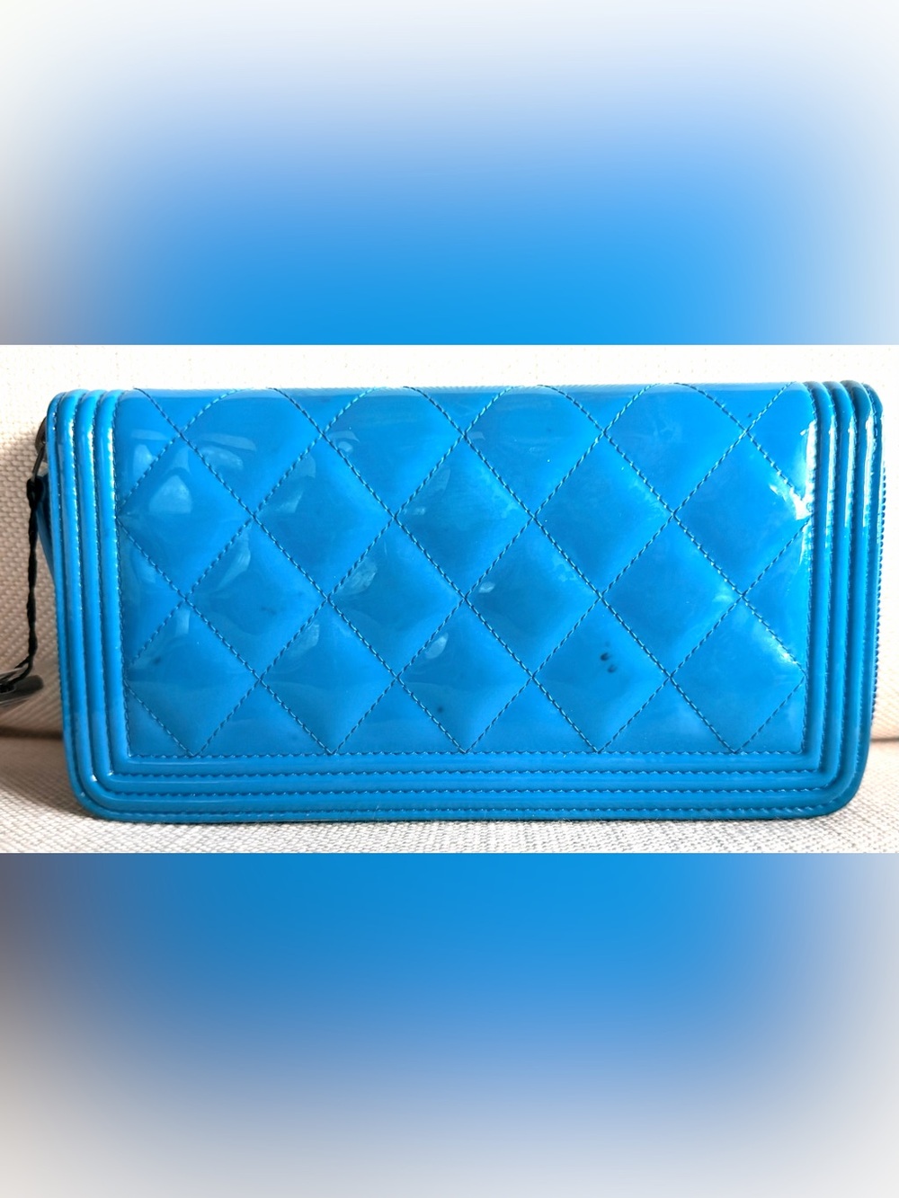 CHANEL RARE Electric Blue Patent Boy Zip Around Long Wallet COA - Picture 5 of 13